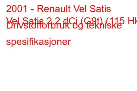 2001 - Renault Vel Satis
Vel Satis 2.2 dCi (G9t) (115 Hk) Drivstofforbruk og tekniske spesifikasjoner