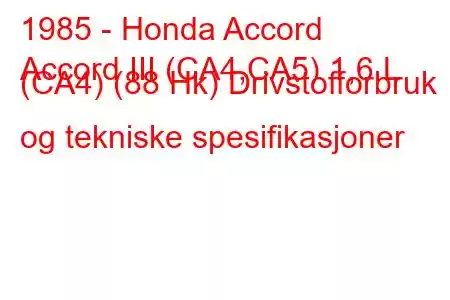 1985 - Honda Accord
Accord III (CA4,CA5) 1,6 L (CA4) (88 Hk) Drivstofforbruk og tekniske spesifikasjoner