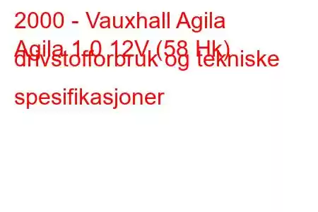 2000 - Vauxhall Agila
Agila 1.0 12V (58 Hk) drivstofforbruk og tekniske spesifikasjoner