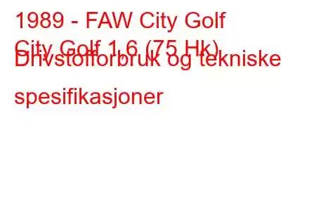 1989 - FAW City Golf
City Golf 1,6 (75 Hk) Drivstofforbruk og tekniske spesifikasjoner