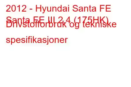 2012 - Hyundai Santa FE
Santa FE III 2.4 (175HK) Drivstofforbruk og tekniske spesifikasjoner