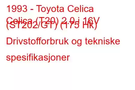 1993 - Toyota Celica
Celica (T20) 2.0 i 16V (ST202/GT) (175 Hk) Drivstofforbruk og tekniske spesifikasjoner