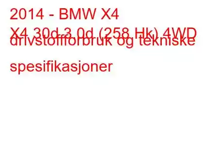 2014 - BMW X4
X4 30d 3.0d (258 Hk) 4WD drivstoffforbruk og tekniske spesifikasjoner