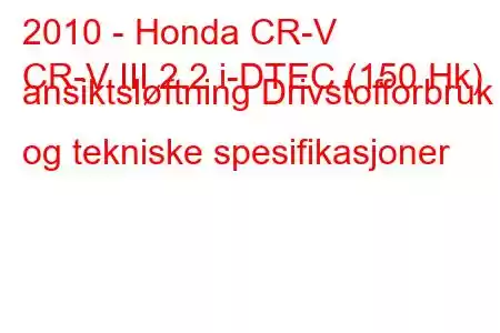 2010 - Honda CR-V
CR-V III 2.2 i-DTEC (150 Hk) ansiktsløftning Drivstofforbruk og tekniske spesifikasjoner