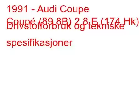 1991 - Audi Coupe
Coupé (89.8B) 2.8 E (174 Hk) Drivstofforbruk og tekniske spesifikasjoner