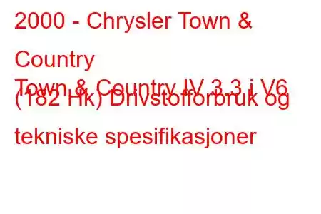 2000 - Chrysler Town & Country
Town & Country IV 3.3 i V6 (182 Hk) Drivstofforbruk og tekniske spesifikasjoner