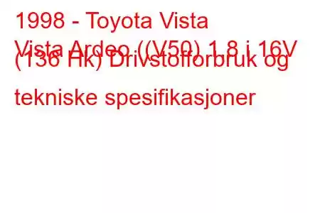 1998 - Toyota Vista
Vista Ardeo ((V50) 1,8 i 16V (136 Hk) Drivstofforbruk og tekniske spesifikasjoner