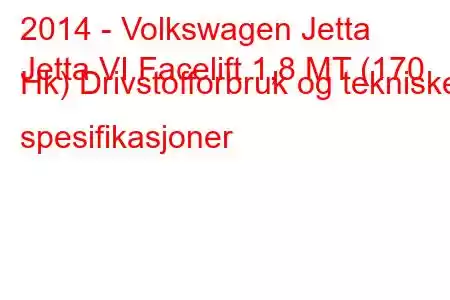 2014 - Volkswagen Jetta
Jetta VI Facelift 1,8 MT (170 Hk) Drivstofforbruk og tekniske spesifikasjoner