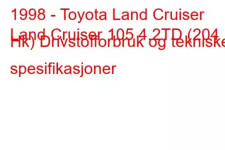 1998 - Toyota Land Cruiser
Land Cruiser 105 4.2TD (204 Hk) Drivstofforbruk og tekniske spesifikasjoner