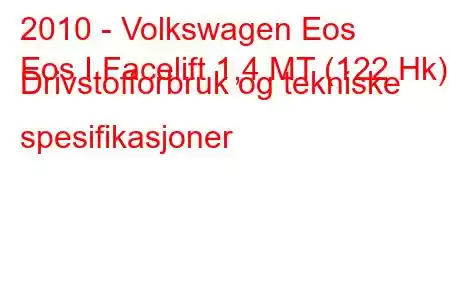 2010 - Volkswagen Eos
Eos I Facelift 1,4 MT (122 Hk) Drivstofforbruk og tekniske spesifikasjoner