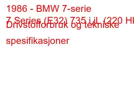 1986 - BMW 7-serie
7 Series (E32) 735 i,iL (220 Hk) Drivstofforbruk og tekniske spesifikasjoner