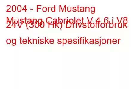 2004 - Ford Mustang
Mustang Cabriolet V 4.6 i V8 24V (300 Hk) Drivstofforbruk og tekniske spesifikasjoner