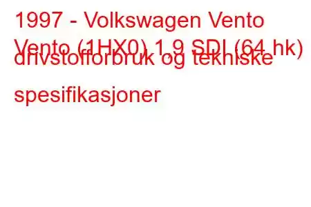 1997 - Volkswagen Vento
Vento (1HX0) 1,9 SDI (64 hk) drivstofforbruk og tekniske spesifikasjoner