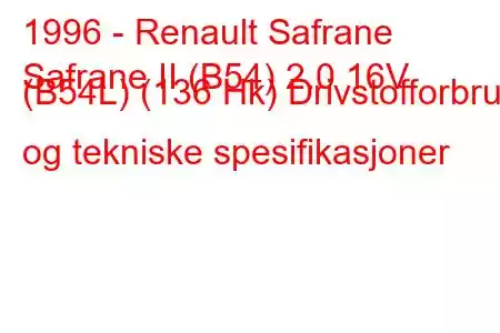 1996 - Renault Safrane
Safrane II (B54) 2.0 16V (B54L) (136 Hk) Drivstofforbruk og tekniske spesifikasjoner