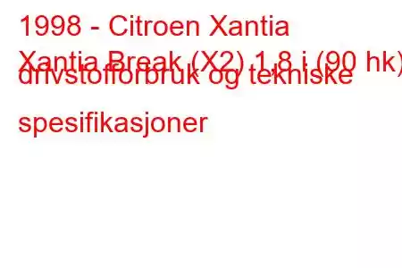 1998 - Citroen Xantia
Xantia Break (X2) 1,8 i (90 hk) drivstofforbruk og tekniske spesifikasjoner