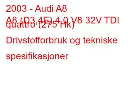 2003 - Audi A8
A8 (D3,4E) 4.0 V8 32V TDI quattro (275 Hk) Drivstofforbruk og tekniske spesifikasjoner