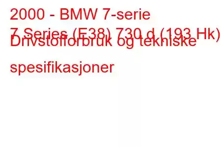 2000 - BMW 7-serie
7 Series (E38) 730 d (193 Hk) Drivstofforbruk og tekniske spesifikasjoner