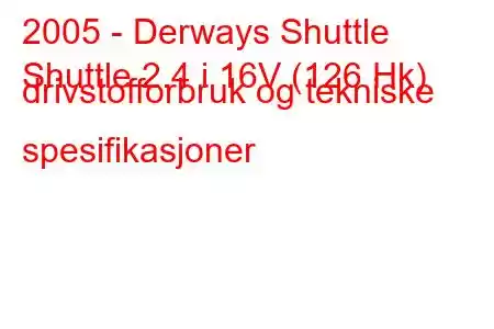 2005 - Derways Shuttle
Shuttle 2.4 i 16V (126 Hk) drivstofforbruk og tekniske spesifikasjoner