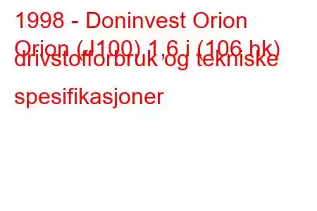 1998 - Doninvest Orion
Orion (J100) 1,6 i (106 hk) drivstofforbruk og tekniske spesifikasjoner