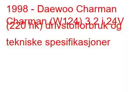 1998 - Daewoo Charman
Charman (W124) 3.2 i 24V (220 hk) drivstofforbruk og tekniske spesifikasjoner