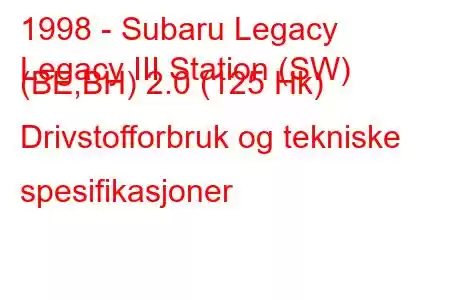 1998 - Subaru Legacy
Legacy III Station (SW) (BE,BH) 2.0 (125 Hk) Drivstofforbruk og tekniske spesifikasjoner