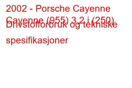 2002 - Porsche Cayenne
Cayenne (955) 3,2 i (250) Drivstofforbruk og tekniske spesifikasjoner