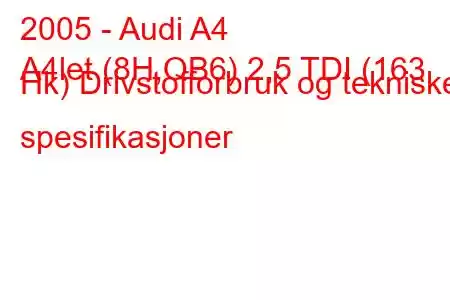 2005 - Audi A4
A4let (8H,QB6) 2,5 TDI (163 Hk) Drivstofforbruk og tekniske spesifikasjoner