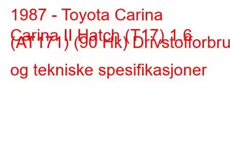 1987 - Toyota Carina
Carina II Hatch (T17) 1.6 (AT171) (90 Hk) Drivstofforbruk og tekniske spesifikasjoner