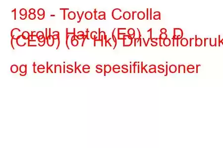 1989 - Toyota Corolla
Corolla Hatch (E9) 1.8 D (CE90) (67 Hk) Drivstofforbruk og tekniske spesifikasjoner