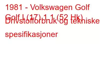 1981 - Volkswagen Golf
Golf I (17) 1.1 (52 Hk) Drivstofforbruk og tekniske spesifikasjoner