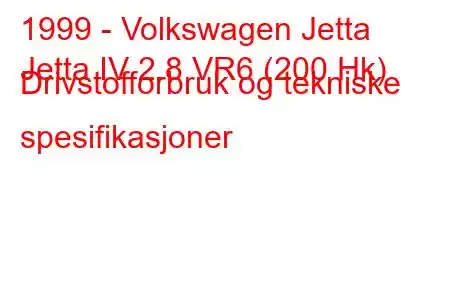 1999 - Volkswagen Jetta
Jetta IV 2.8 VR6 (200 Hk) Drivstofforbruk og tekniske spesifikasjoner