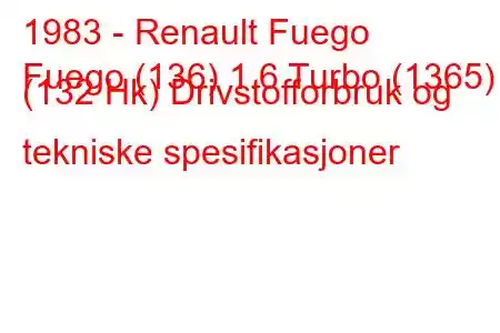 1983 - Renault Fuego
Fuego (136) 1.6 Turbo (1365) (132 Hk) Drivstofforbruk og tekniske spesifikasjoner