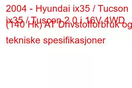 2004 - Hyundai ix35 / Tucson
ix35 / Tuscon 2.0 i 16V 4WD (140 Hk) AT Drivstofforbruk og tekniske spesifikasjoner