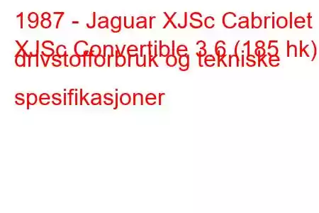 1987 - Jaguar XJSc Cabriolet
XJSc Convertible 3.6 (185 hk) drivstofforbruk og tekniske spesifikasjoner