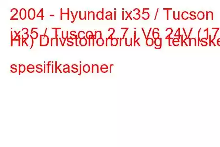 2004 - Hyundai ix35 / Tucson
ix35 / Tuscon 2.7 i V6 24V (173 Hk) Drivstofforbruk og tekniske spesifikasjoner