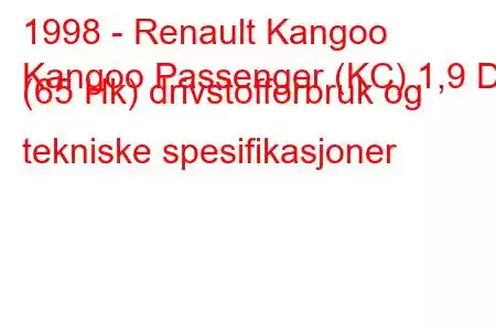 1998 - Renault Kangoo
Kangoo Passenger (KC) 1,9 D (65 Hk) drivstofforbruk og tekniske spesifikasjoner