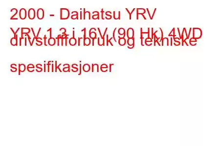 2000 - Daihatsu YRV
YRV 1.3 i 16V (90 Hk) 4WD drivstoffforbruk og tekniske spesifikasjoner