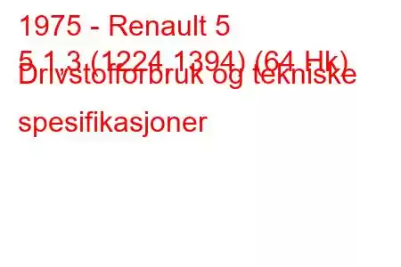 1975 - Renault 5
5 1,3 (1224,1394) (64 Hk) Drivstofforbruk og tekniske spesifikasjoner