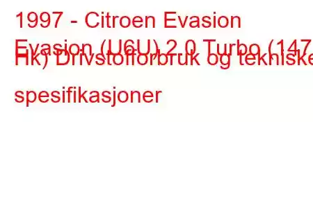 1997 - Citroen Evasion
Evasion (U6U) 2.0 Turbo (147 Hk) Drivstofforbruk og tekniske spesifikasjoner