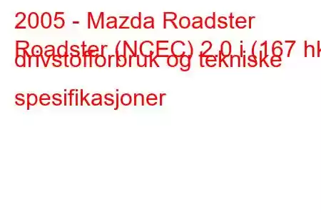 2005 - Mazda Roadster
Roadster (NCEC) 2.0 i (167 hk) drivstofforbruk og tekniske spesifikasjoner