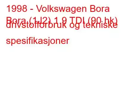 1998 - Volkswagen Bora
Bora (1J2) 1.9 TDI (90 hk) drivstofforbruk og tekniske spesifikasjoner