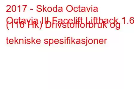 2017 - Skoda Octavia
Octavia III Facelift Liftback 1.6d (116 Hk) Drivstofforbruk og tekniske spesifikasjoner