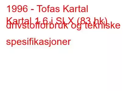 1996 - Tofas Kartal
Kartal 1.6 i SLX (83 hk) drivstofforbruk og tekniske spesifikasjoner