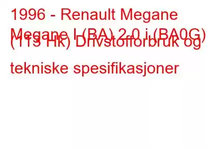 1996 - Renault Megane
Megane I (BA) 2.0 i (BA0G) (113 Hk) Drivstofforbruk og tekniske spesifikasjoner