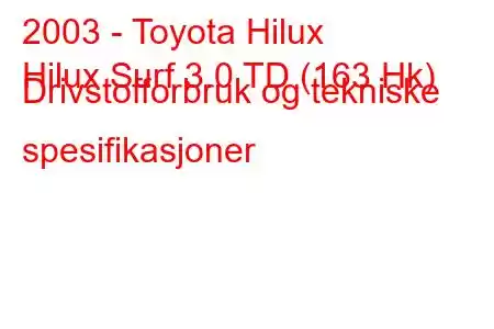 2003 - Toyota Hilux
Hilux Surf 3.0 TD (163 Hk) Drivstofforbruk og tekniske spesifikasjoner