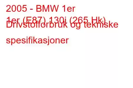 2005 - BMW 1er
1er (E87) 130i (265 Hk) Drivstofforbruk og tekniske spesifikasjoner