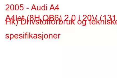 2005 - Audi A4
A4let (8H,QB6) 2.0 i 20V (131 Hk) Drivstofforbruk og tekniske spesifikasjoner