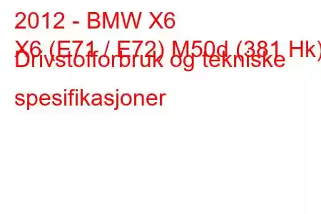 2012 - BMW X6
X6 (E71 / E72) M50d (381 Hk) Drivstofforbruk og tekniske spesifikasjoner