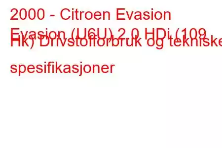 2000 - Citroen Evasion
Evasion (U6U) 2.0 HDi (109 Hk) Drivstofforbruk og tekniske spesifikasjoner