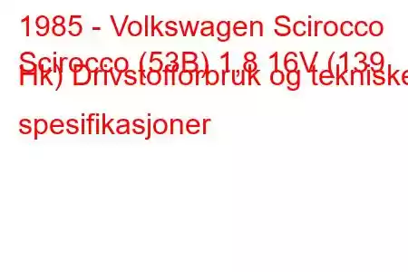 1985 - Volkswagen Scirocco
Scirocco (53B) 1,8 16V (139 Hk) Drivstofforbruk og tekniske spesifikasjoner